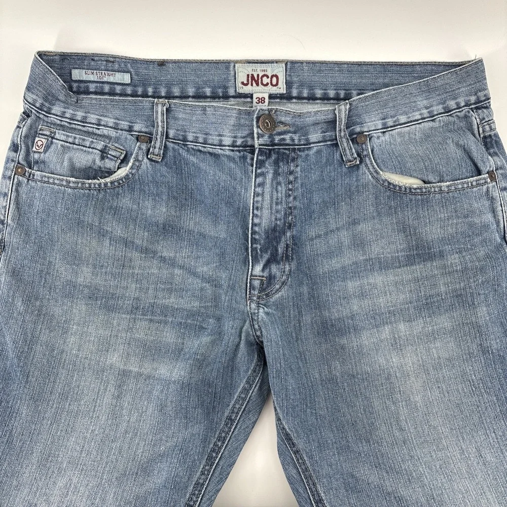 JNCO Jeans Mens 38x33 Denim Jeans Blue Slim Straight 101 Light Wash 100% Cotton